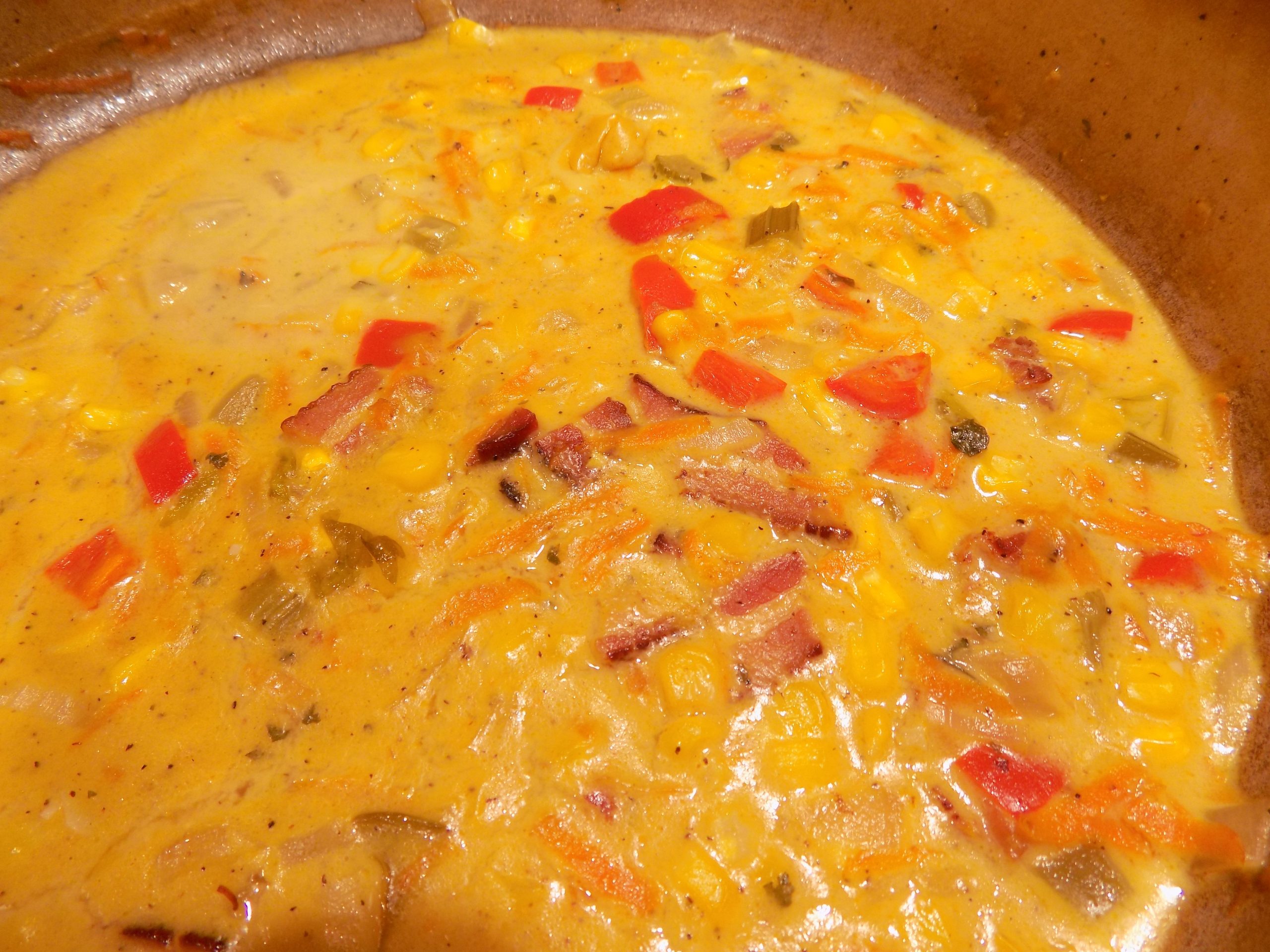 CHEESY SOUP WITH BACON CORN AND RED BELL PEPPER CHEZ CARR CUISINE